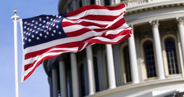 An American flag flowing in the wind.