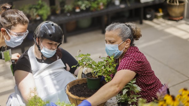 Two therapists working a patient to plant flowers.